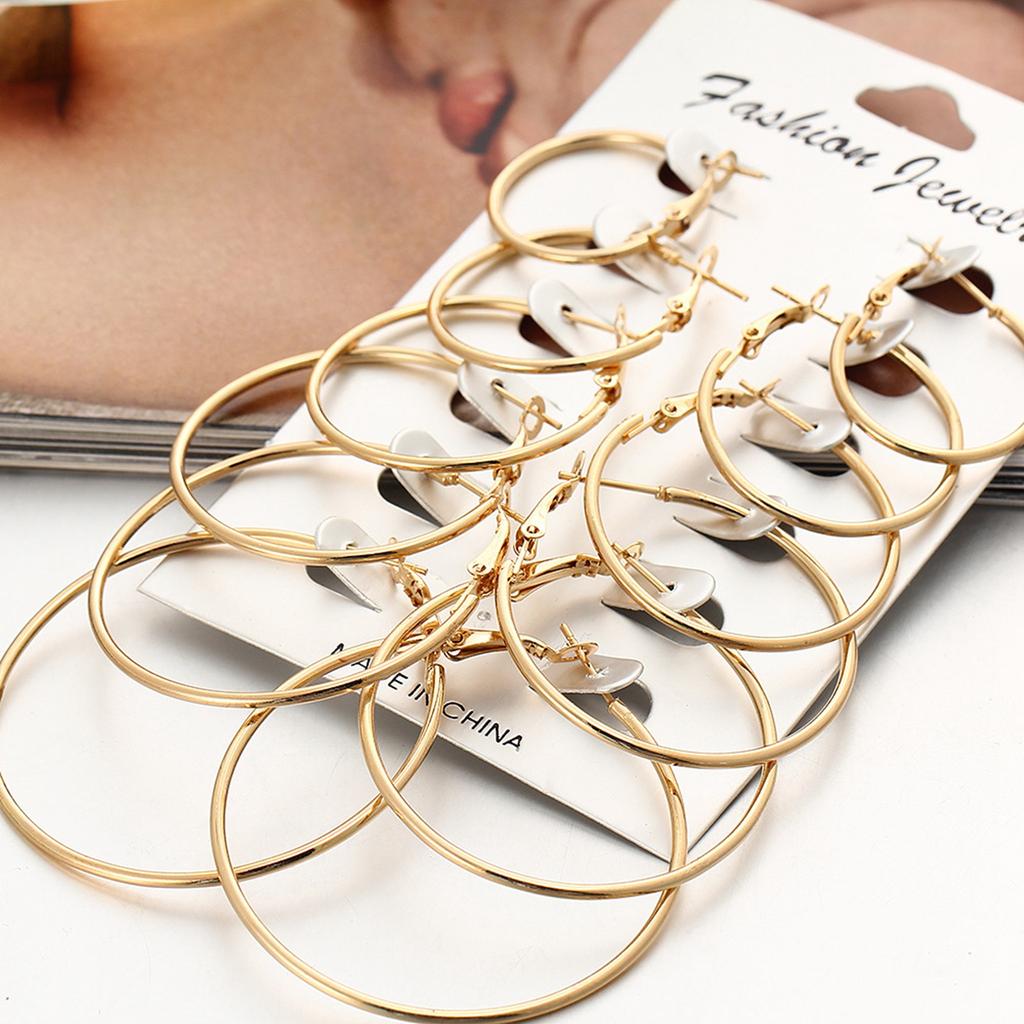 6 Pairs Women Fashion Exaggeration Circle Hoop Earrings Set Punk Hoop Earrings Gold