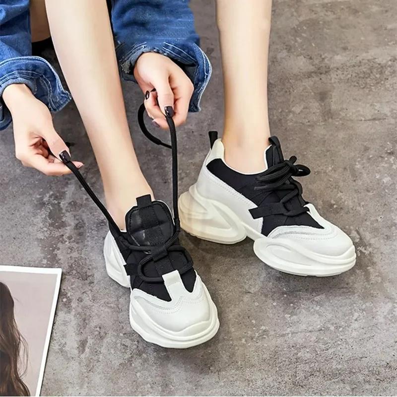 Fashion Casual Breathable Sneakers for Woman Lace-Up Height Increasing Sports Shoes Comfort Soft-soled Trainers Platform Running Shoes