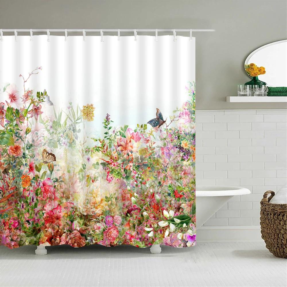 Romantic Retro Blooming Flowers Shower Curtain Garden Bath Curtains Waterproof Polyester Bathroom Shower Curtains Set with Hooks