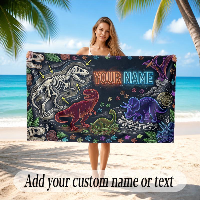 Dinosaur Theme Quick Dry Beach Towel Custom Name Text Print Large Sand Resistant Towel Beach Vacation