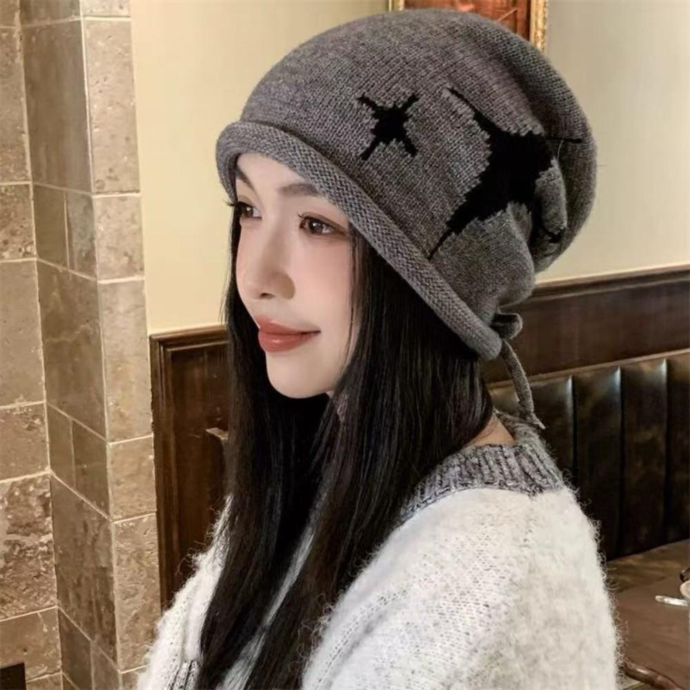 Fashion Star Pattern Knitted Woolen Hat Thickened Windproof Cover Head Cap Keep Warm Cold-proof Drawstring Beanie Cap Women