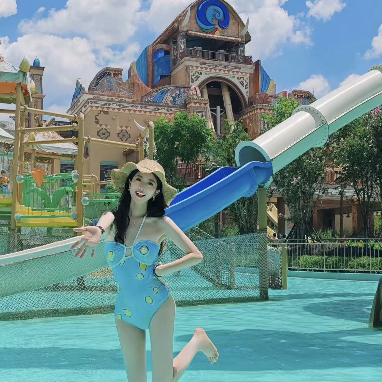 Printed suspenders high waist sexy small breasts gather hot spring one-piece swimsuit cute M