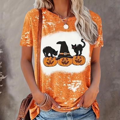 Tees Pumpkin & Cat Print Women's T-shirt Orange Women's Top Fashion Round Neck Plus Size Women's Short Sleeve