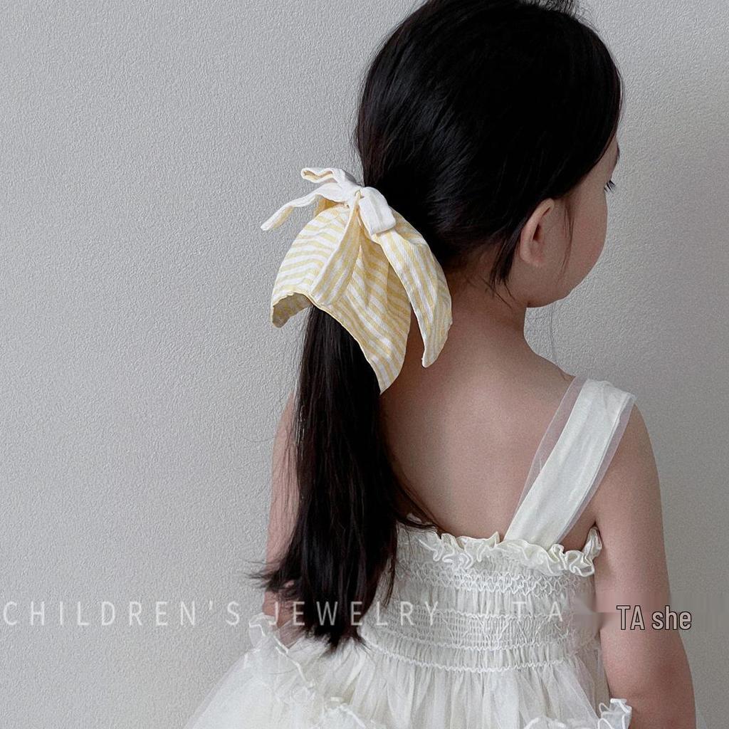 Blue Checkered Bow Scarf Scrunchie for Girls