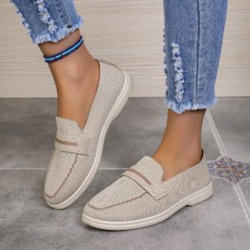 Women's Flat Round-Toe Breathable Knit Slip-On Loafers, Casual Comfort Footwear, Available In Large Sizes.