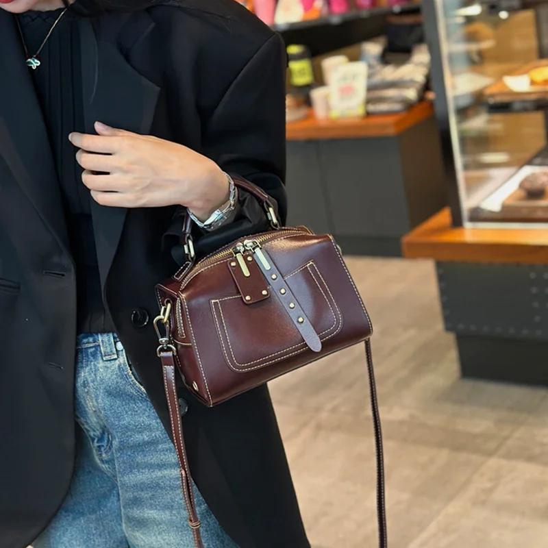 Crossbody-veske i ekte skinn, retro designer luksus skulderveske, feminin reise Boston pute vesker