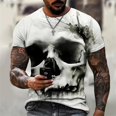 Summer Round Neck 3D Dark Terror Skull Print Top Fashionable Casual Short Sleeved Men's T-shirts
