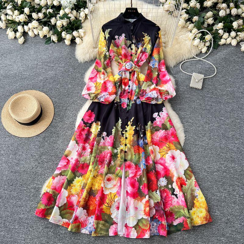 Flowers Spring Clothing Silm Long Puff Sleeve Dress
