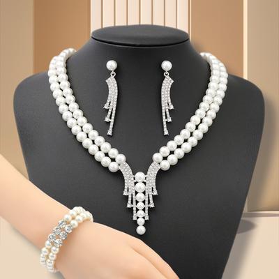 Pearl Necklace Earrings Bracelet Set Chain Tassel Retro Light Luxury Fashion Women's High Sense Dress Jewelry