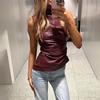Women Y2K Vintage Pu Simple Basic Tank Top High Waist Skinny Shrunk Slash Cut Sleeveless Tops Versatile Noble Shirts