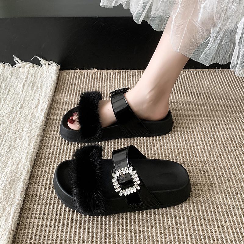 Fashion Women Summer Casual Fluffy Slippers With Fur Flat Non-Slip Fox Fur Furry Slides Large Size Shoes Fur Sandals