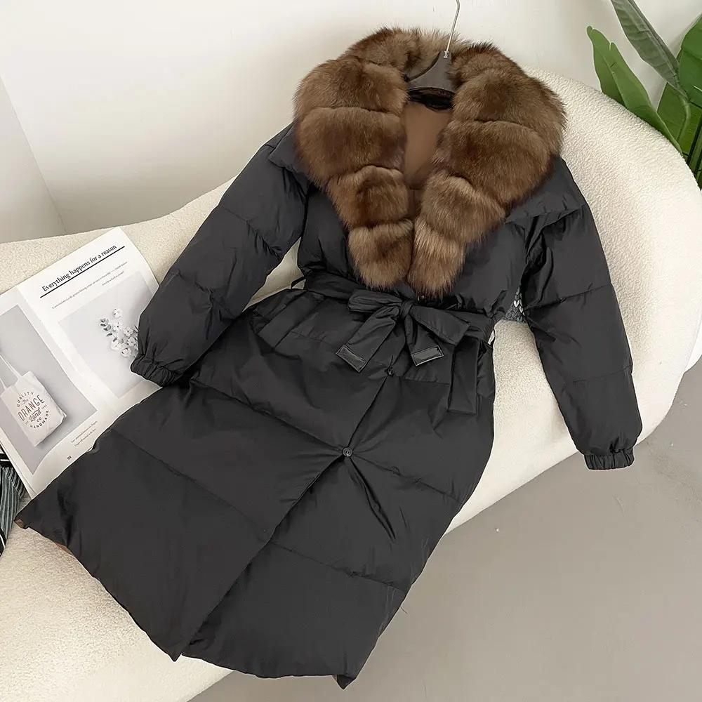 

OFTBUY Зимняя куртка женская из натурального меха лисы и енота с воротником из 90% белого утиного пуха, толстый теплый пояс, повседневная верхняя одежда S