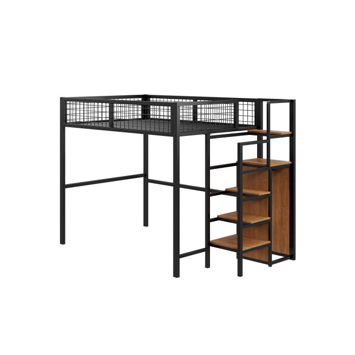 Lit mezzanine - MUVOE - 140x200 cm - Métal - Échelle de sécurité - Rangement intégré