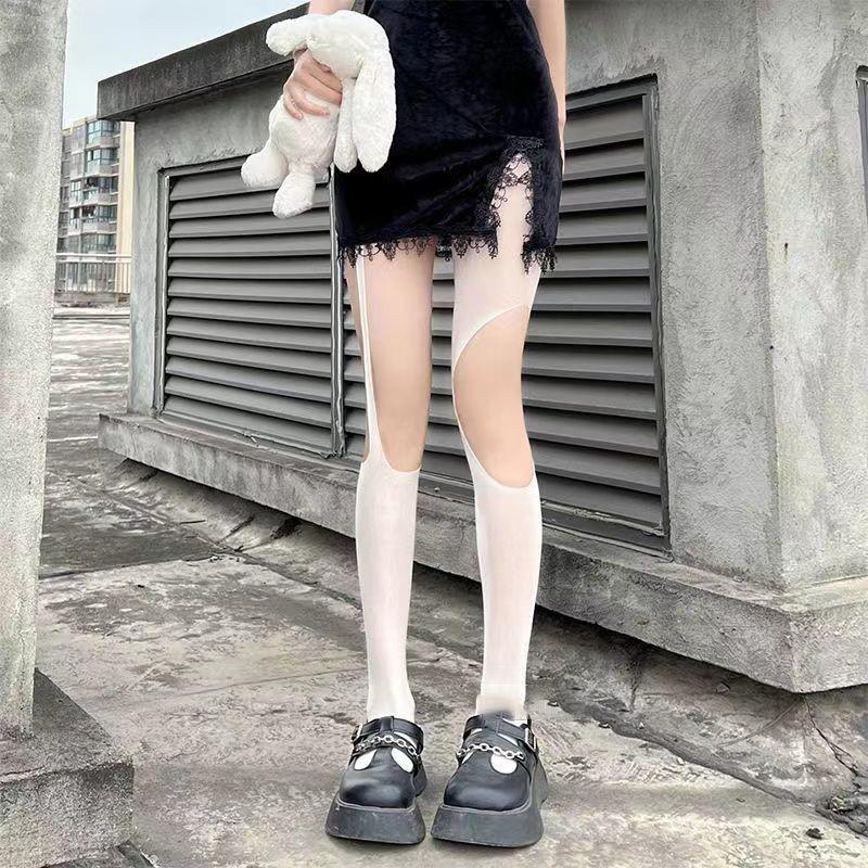 

Черные сетчатые чулки с неровными отверстиями - сексуальный цельный стиль с подвязками для женщин One Size белый