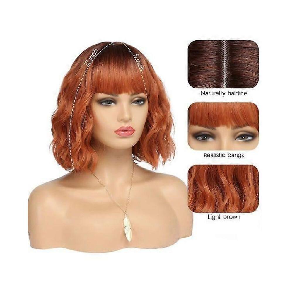 Short Copper Red Wigs for Women Fox Red Wig Ombre Red Dark Root Culy Bob Wigs with Bangs Ginger Hair Wig