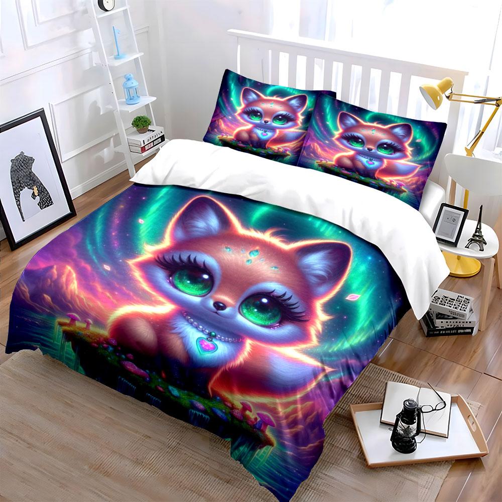 Dreamy Glowing Fox With Aurora Background Printed Duvet Cover Set1 Duvet Cover+2 Pillowcasemulti Size Bedroom Bedding Decor