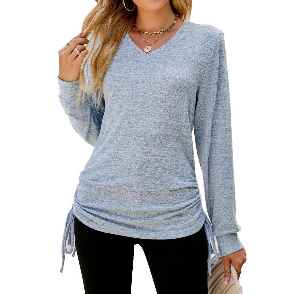 2024 European And American Autumn And Winter New Solid Color Long Sleeved V-Neck Pleated Loose T-Shirt Top For Women