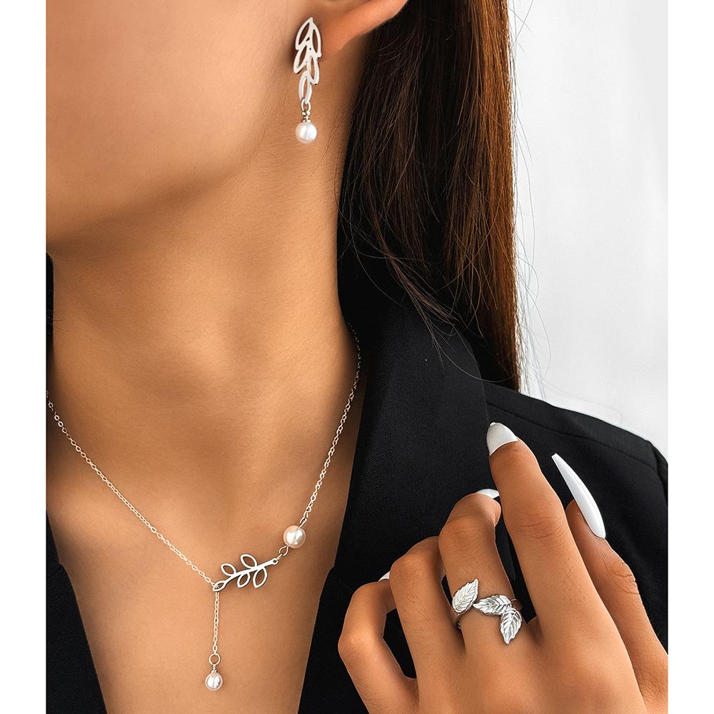 Stainless Steel Zircon Set Leaf Zircon Earrings Zircon Necklace Size Adjustable Leaf Ring Zircon Set For Women Zircon New Style