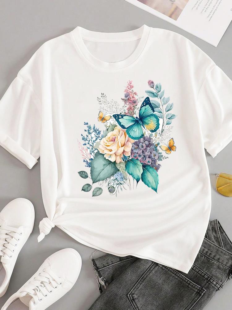 (Asian Size) sweet flower feather Short Sleeve T-shirts Women's Top T Female Print  Fashion O-neck Casual Clothing  Graphic Tee