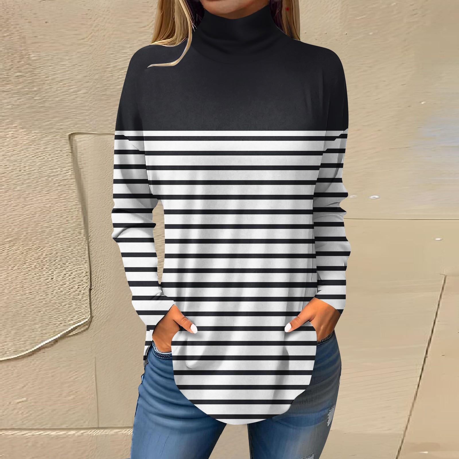 Женская модная повседневная футболка с длинным рукавом с высоким воротом и принтом — фото 10