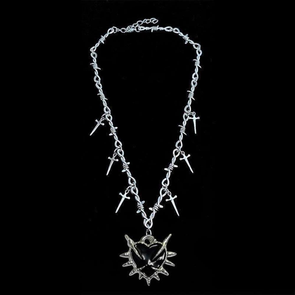 Yk2 Subculture Sliver Color Thorn Chain Sword Tassel Black Heart-shaped Pendant Necklace for Women Men Hip-hop Street Jewelry