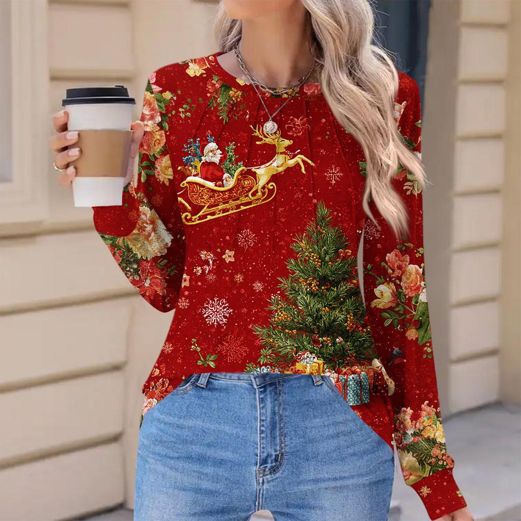 Women's Fashionable Casual Christmas Printed Pleated Comfortable Round Neck Loose Long Sleeve T-Shirt Top