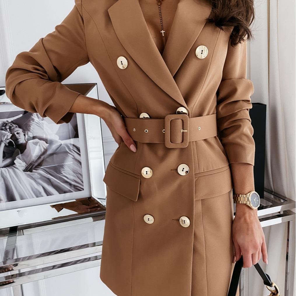 Autumn Winter Women's Double-Breasted Blazer Dress, Belted Waist Office Dress with Color Options, Versatile Work To Party Wear