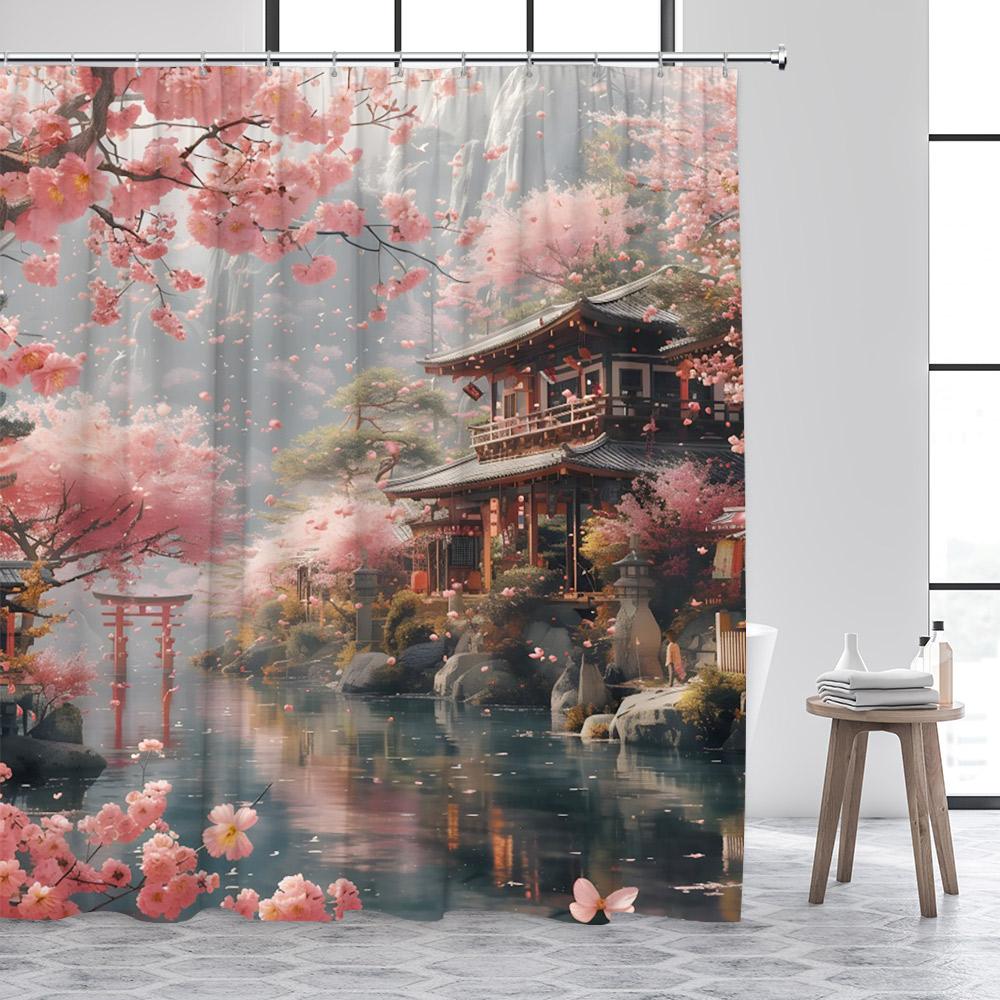 Ink Landscape Shower Curtain Abstract Mountain Water Red Floral Birds Chinese Style Bath Curtains Home Bathroom Decor with Hooks