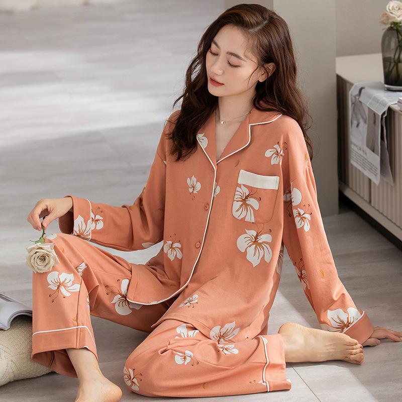 Pajamas Women's Spring and Autumn 100% Pure Cotton Long-sleeved Thin 1011 New Spring and Summer High-end Loungewear Set