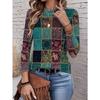 Autumn and Winter Women's Floral 3D Print Crew Neck Long-sleeve T-shirt with Ethnic Style
