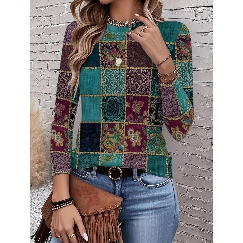 Autumn and Winter Women's Floral 3D Print Crew Neck Long-sleeve T-shirt with Ethnic Style