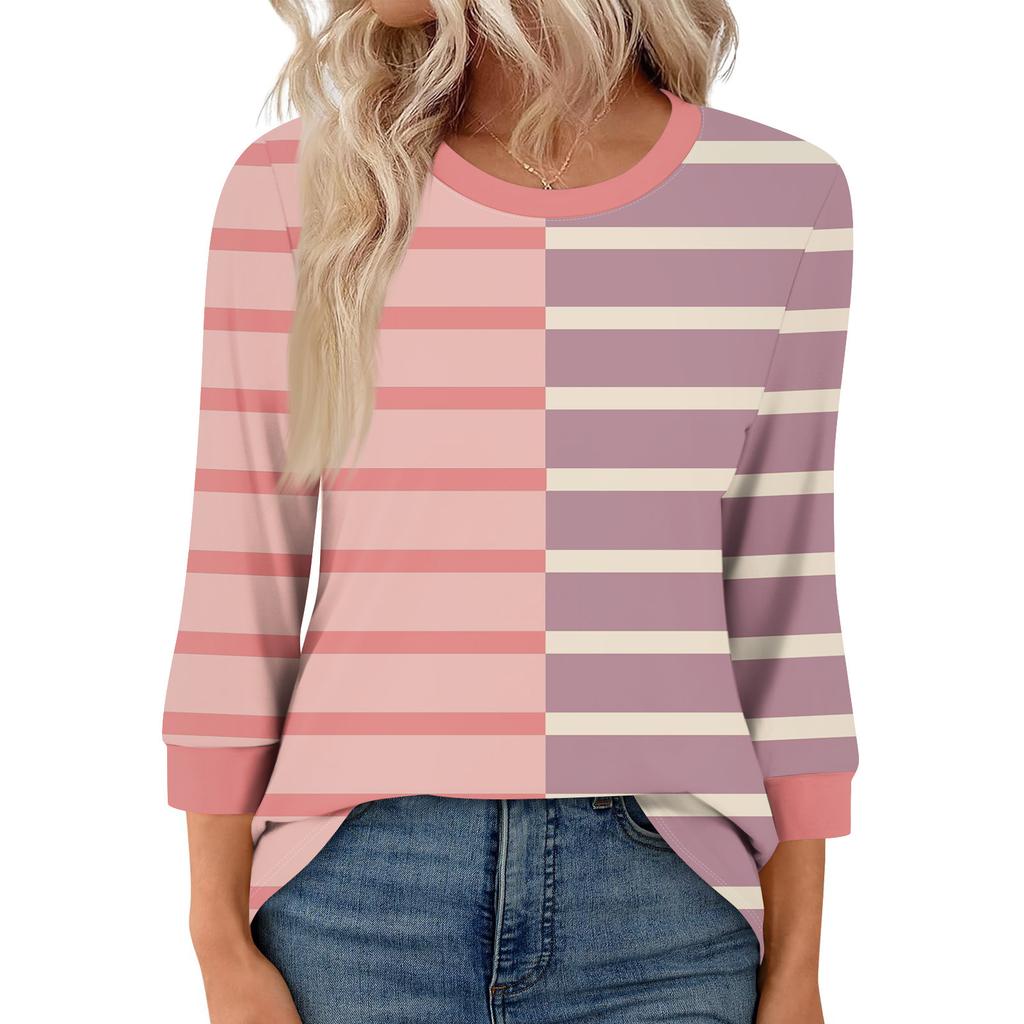 Women's Fashion Casual Seven Sleeve T-Shirt Print Round Neck Top