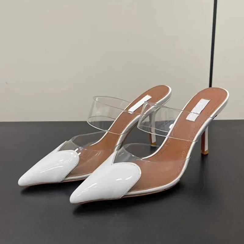 Fashion New Summer 2025 Patent Leather Nude Color Thin Heel Pointed High-heeled Sandals, Transparent Open Toed Sexy Women's Slippers