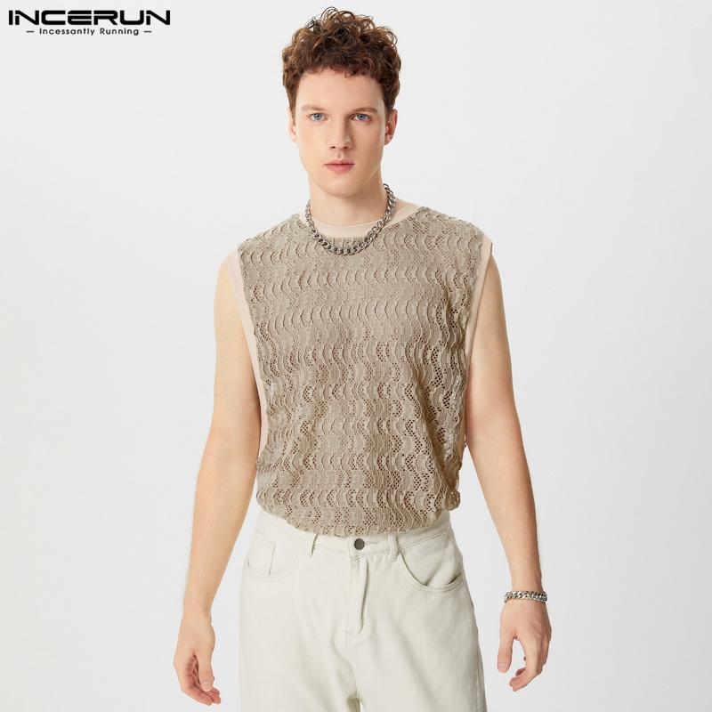 INCERUN Men Mesh Fishnet Sleeveless Tank Tops Lace Patchwork Summer Vest