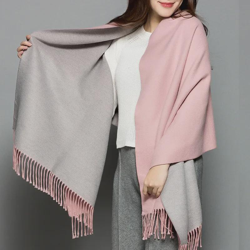 Dámská oboustranná kašmírová šála: Dvoubarevný, Králičí vlna, Teplý šál, Dvojúčelový, Univerzální, Korejský střapec, Zima