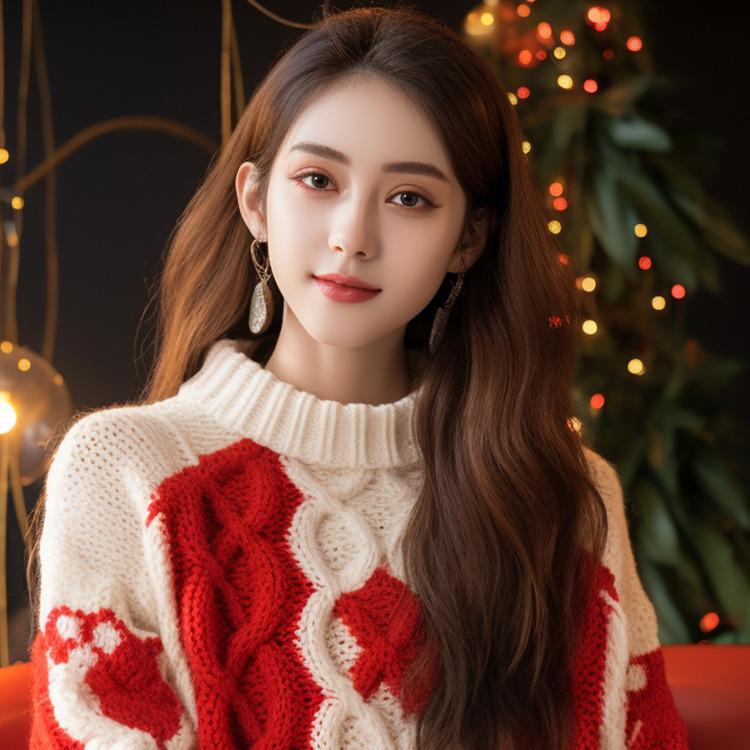 FL232636 Beautiful Red Knit Sweater for Women - Stylish and Cozy Autumn/Winter Top
