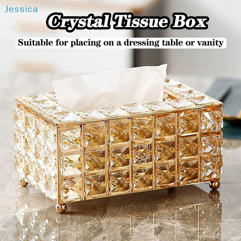 Luxury Crystal Tissue Box - Golden Decorative Tissue Holder for Home, Living Room & Dining Table Desktop Storage Organizer