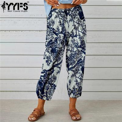 Women's Fashion Casual Flower Pattern Print High Waist Trousers Pants & Capris