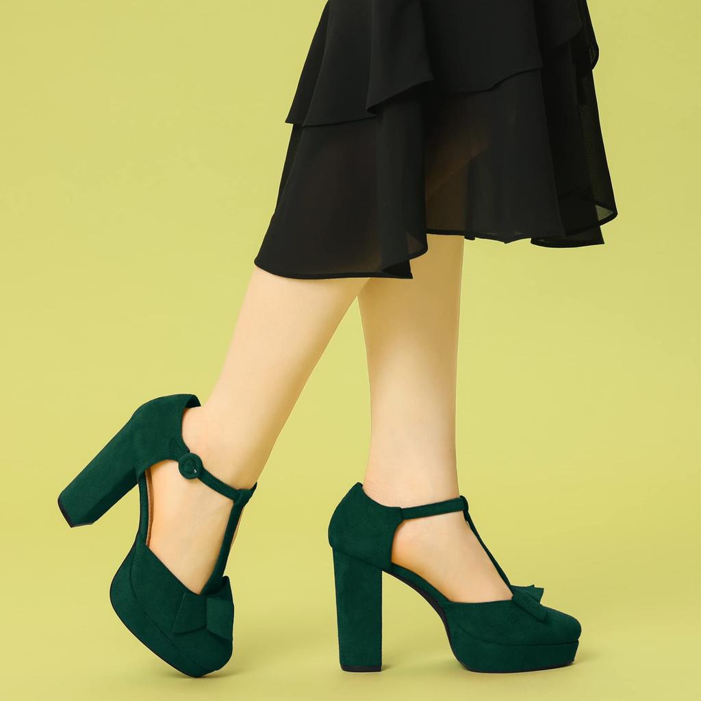 Allegra K Women's T-Strap Pumps, Round Toe, Block Heel, Green, Size 24.0cm
