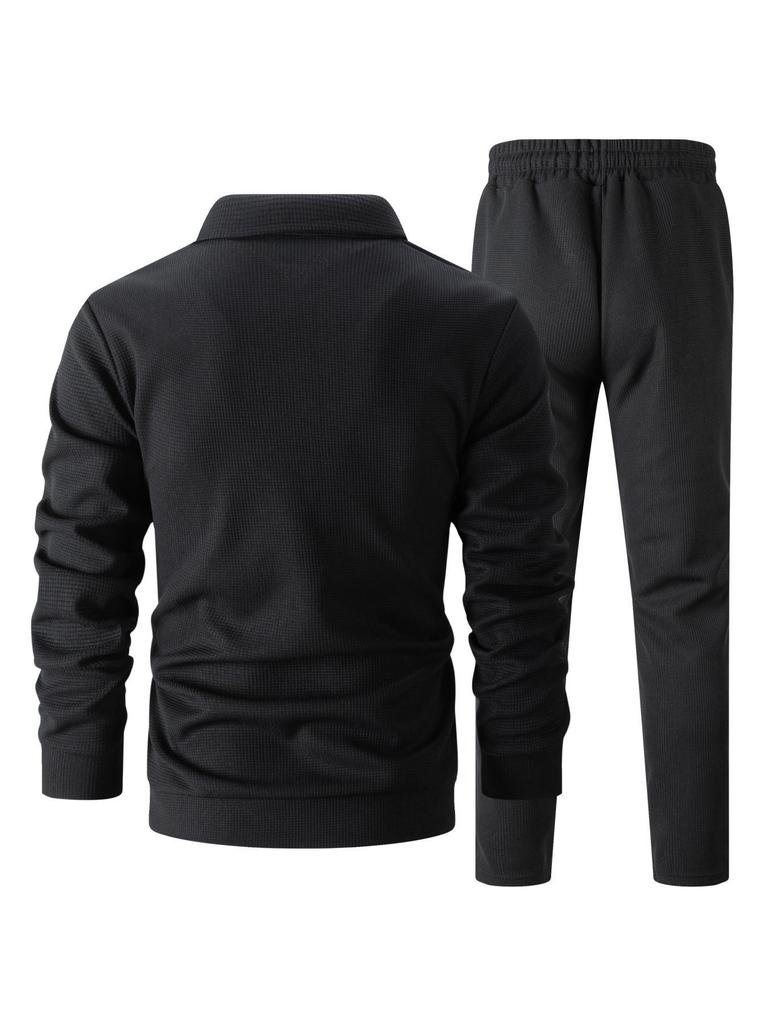 2025 Men's Slim Fit Cardigan Jacket Set with Waffle Knit, Zipper Pocket, and Lapel Collar for Spring and Autumn