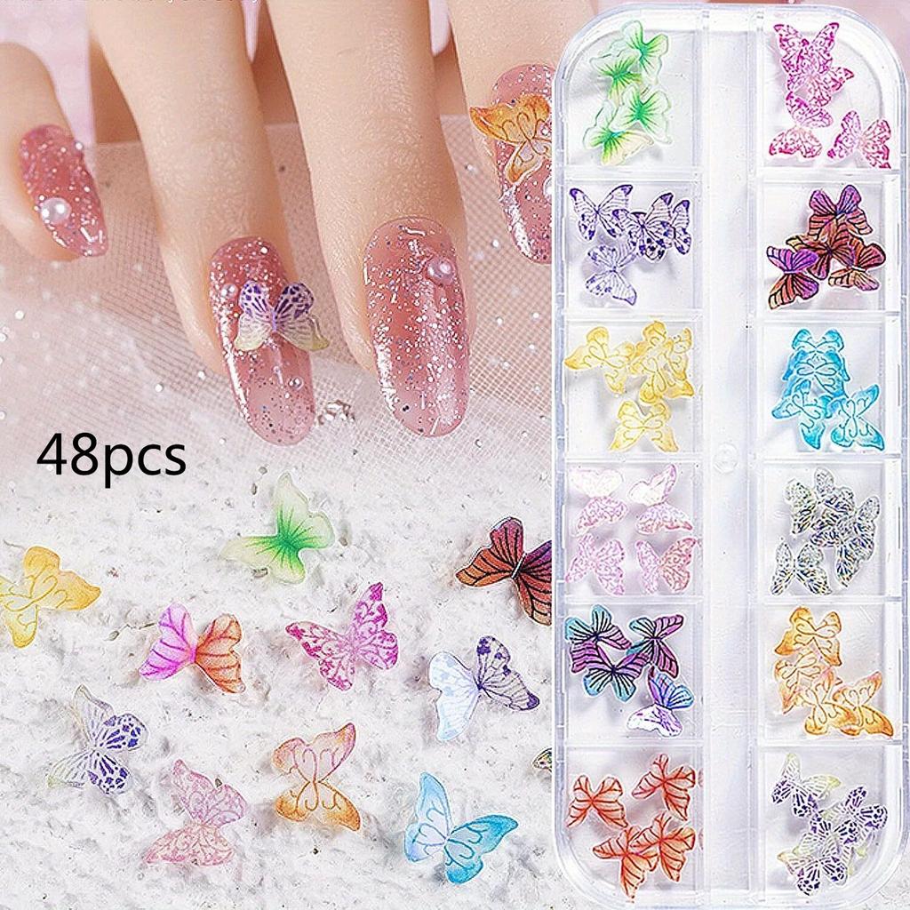 48 st Färgstarka 3D Fjärils Akryl Nagelberlocker Glitter Klar Vit Blå Fjäril Nagellack Dekoration DIY Hantverk Nageltillbehör