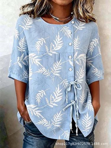 European and American summer new women's tops, shirts, geometric printing buttons, drawstrings, half-sleeved tops, T-shirts, women's clothing