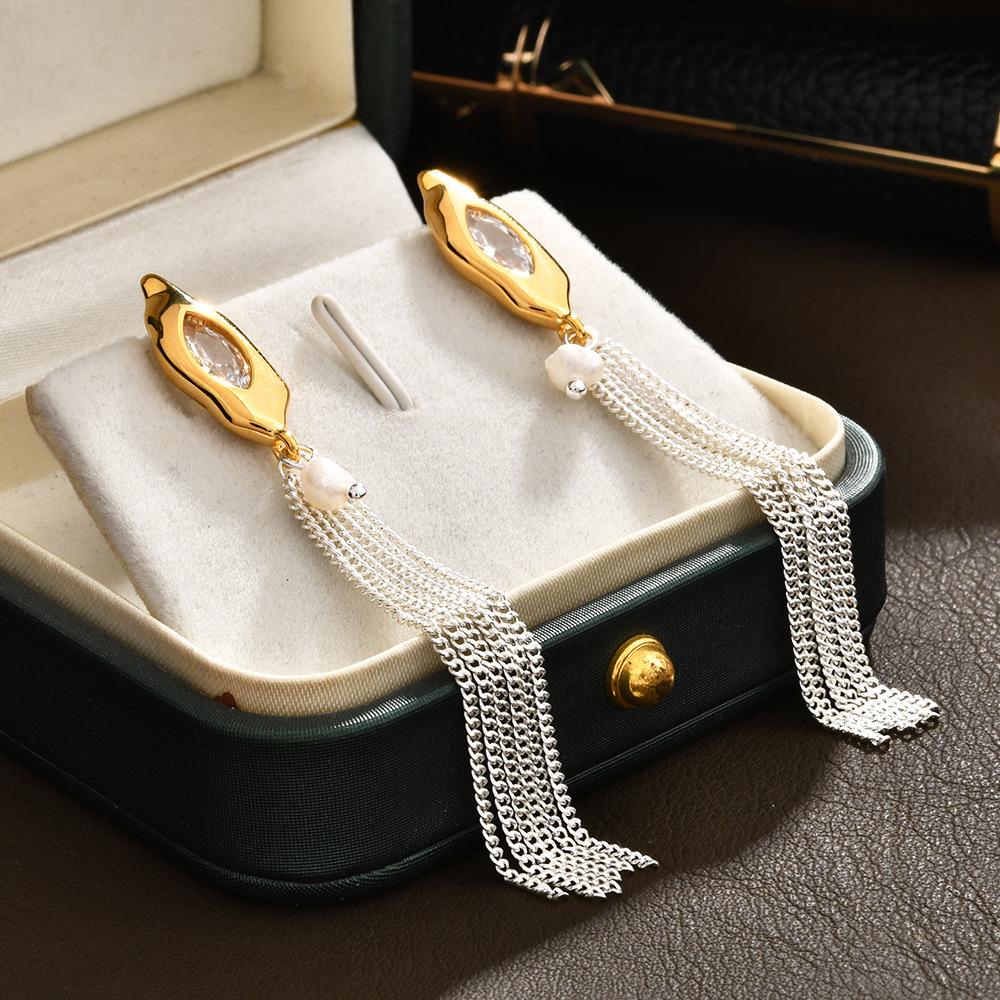 Elegant Long Tassel Chain Earrings, Luxury Pearl Drop Studs for Vacation