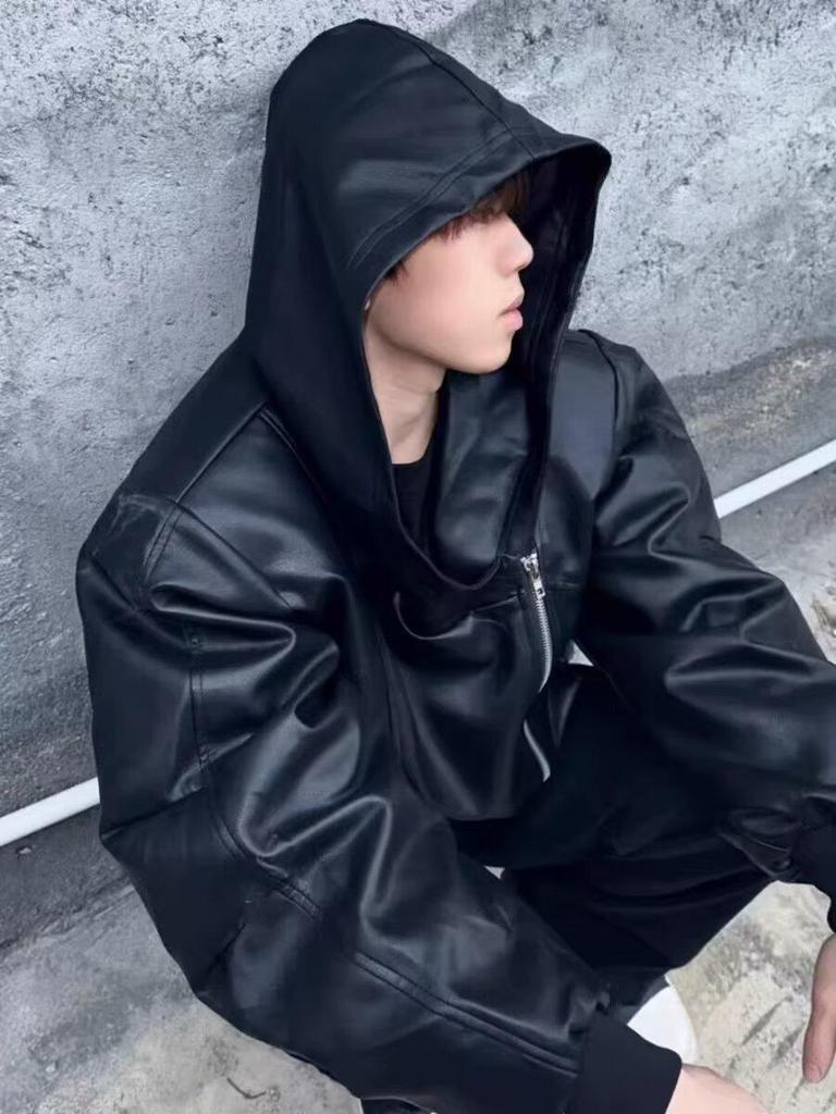 Men's Trendy Black PU Leather Hooded Jacket with Oblique Zipper - Korean Style for Spring and Autumn