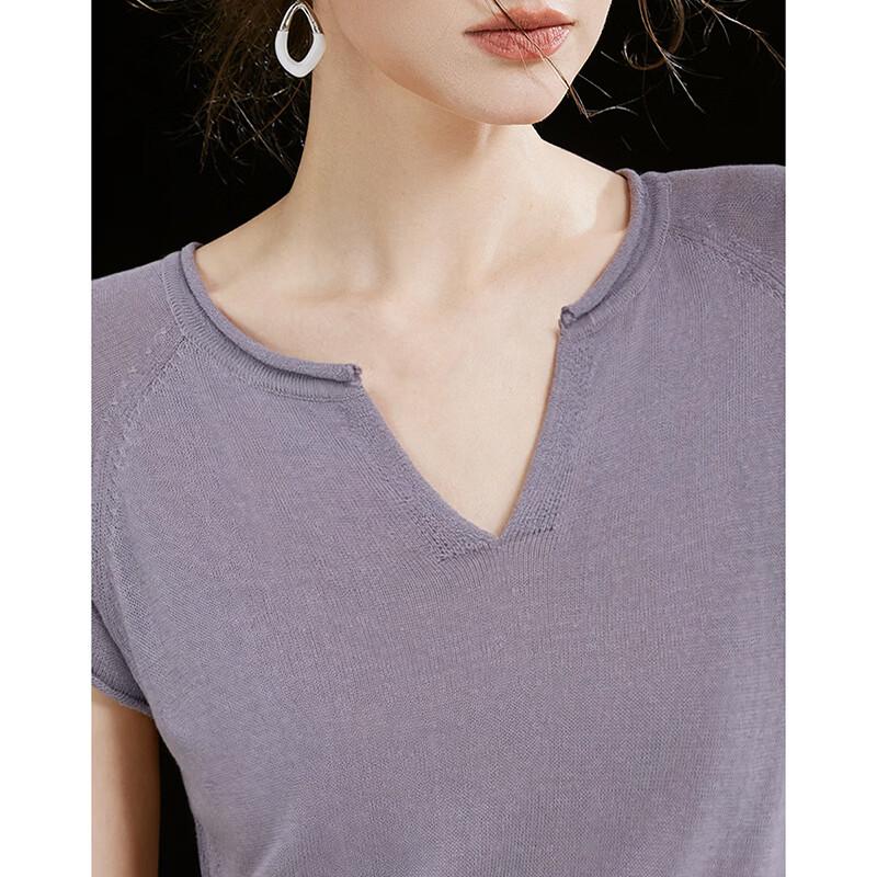 Wudao French Minimalist Y-Neck T-Shirt with Tencel Linen