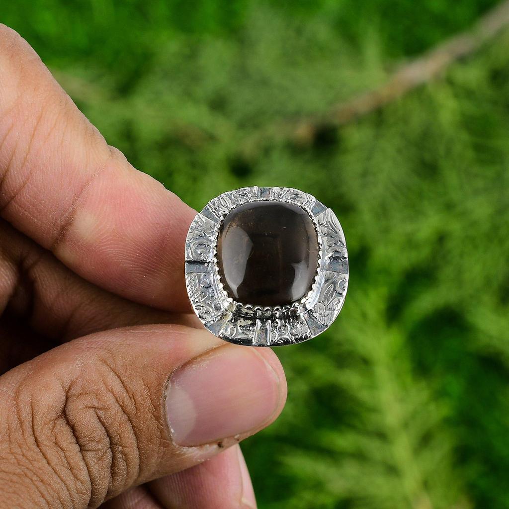 925 Sterling Silver Radiant Smoky Quartz Gemstone Anniversary Boho Ring Jewelry