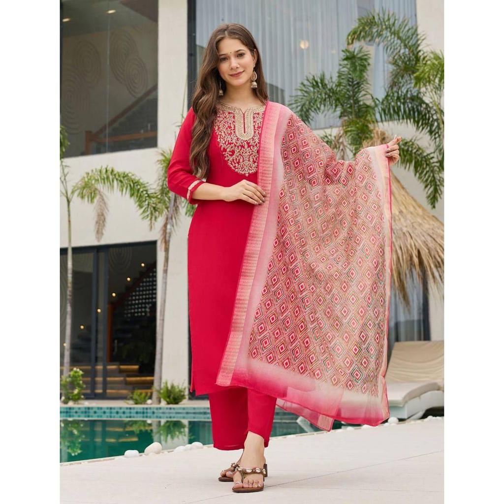 Women's Rayon Slub Embroidered Straight Kurta with Pant And Dupatta Sets