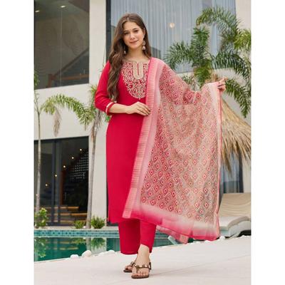 Women's Rayon Slub Embroidered Straight Kurta with Pant And Dupatta Sets