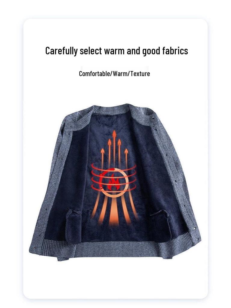 Men's Thickened Knit Cardigan - Warm, Velvet-Lined Sweater for Middle-Aged and Elderly, Perfect for Autumn and Winter.