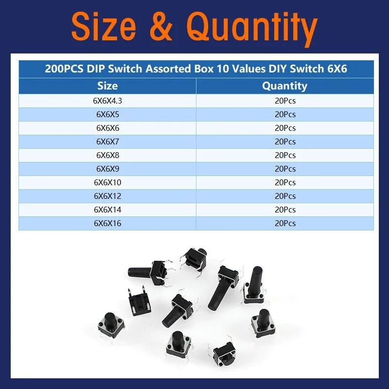 200PCS  6*6 Tact Push Button Switch TV Toys Home Use Button 6x6x4.3/5/6/7/8/9/10/12/14/16MM DIP Switch Tactile Push Button Kit